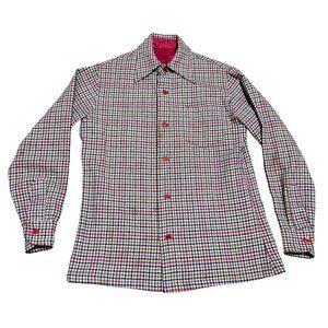 VTG PLAID WOOL FLANNEL SHIRT SHACKET SZ S RED BLUE WHITE BUTTON FRONT MENS